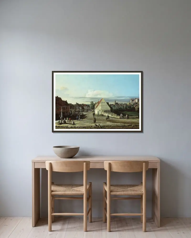 Vy över Pirna med fästningen Sonnenstein av Bernardo Bellotto inramad på en vägg