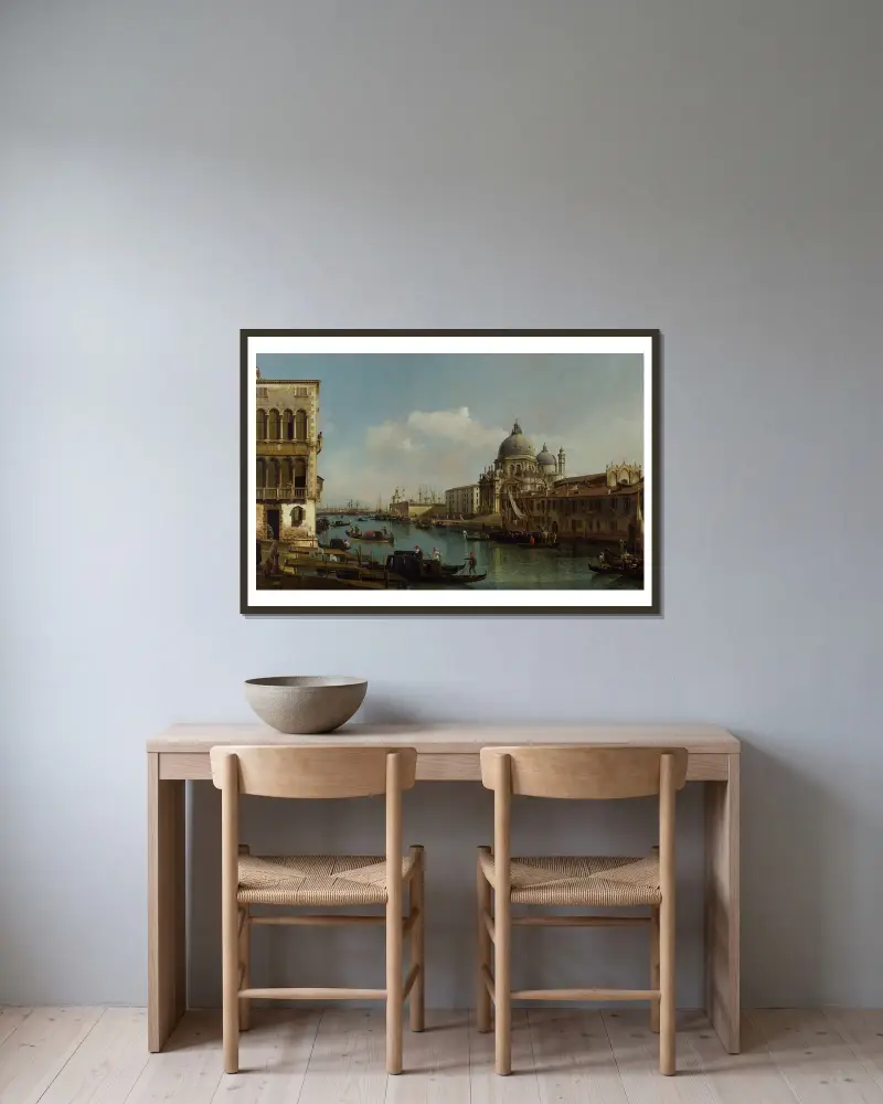Vy över Canal Grande; Santa Maria della Salute och Dogana från Campo Santa Maria Zobenigo av Bernardo Bellotto inramad på en vägg