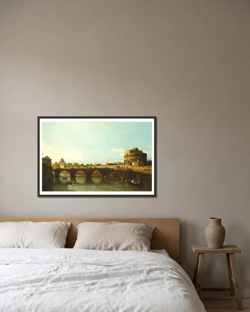 Blick über den Tiber in Rom mit dem Castel Sant'Angelo, 1743 oder 1744 von Bernardo Bellotto gerahmt an einer Wand
