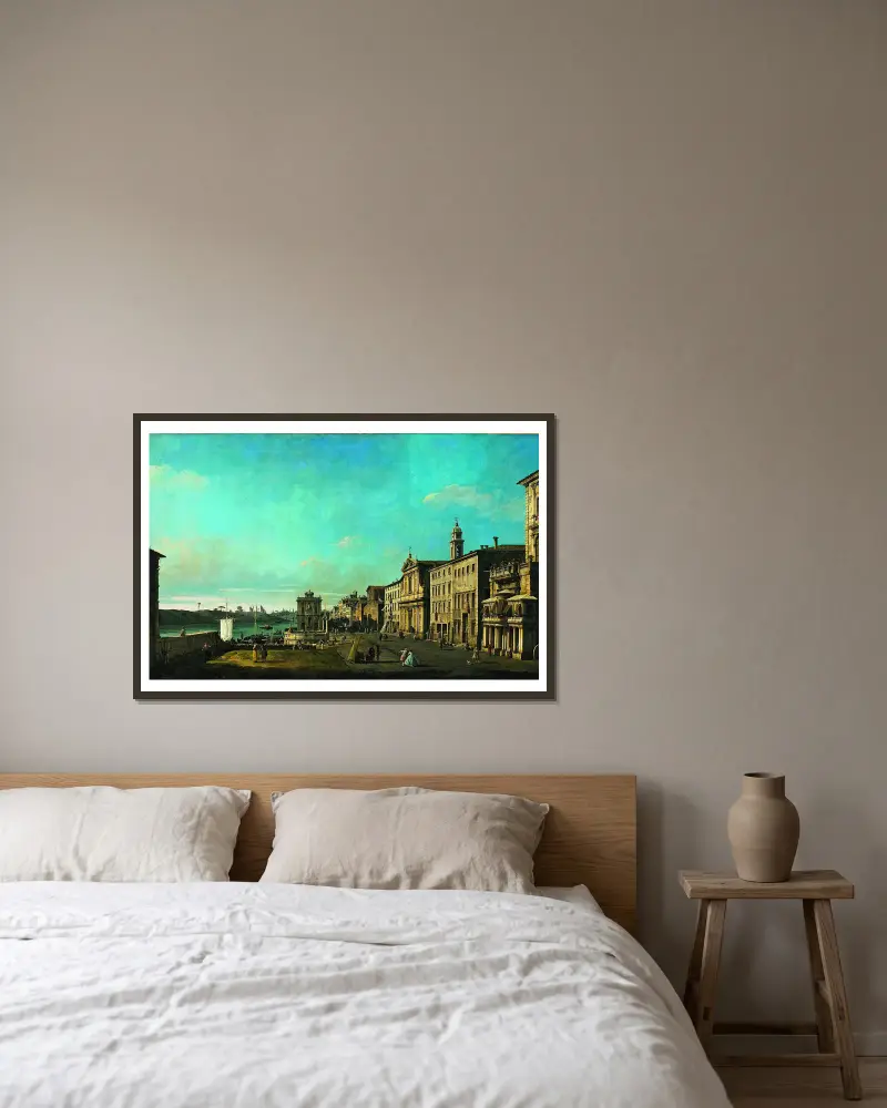 Vy över Via di Ripetta i Rom av Bernardo Bellotto inramad på en vägg