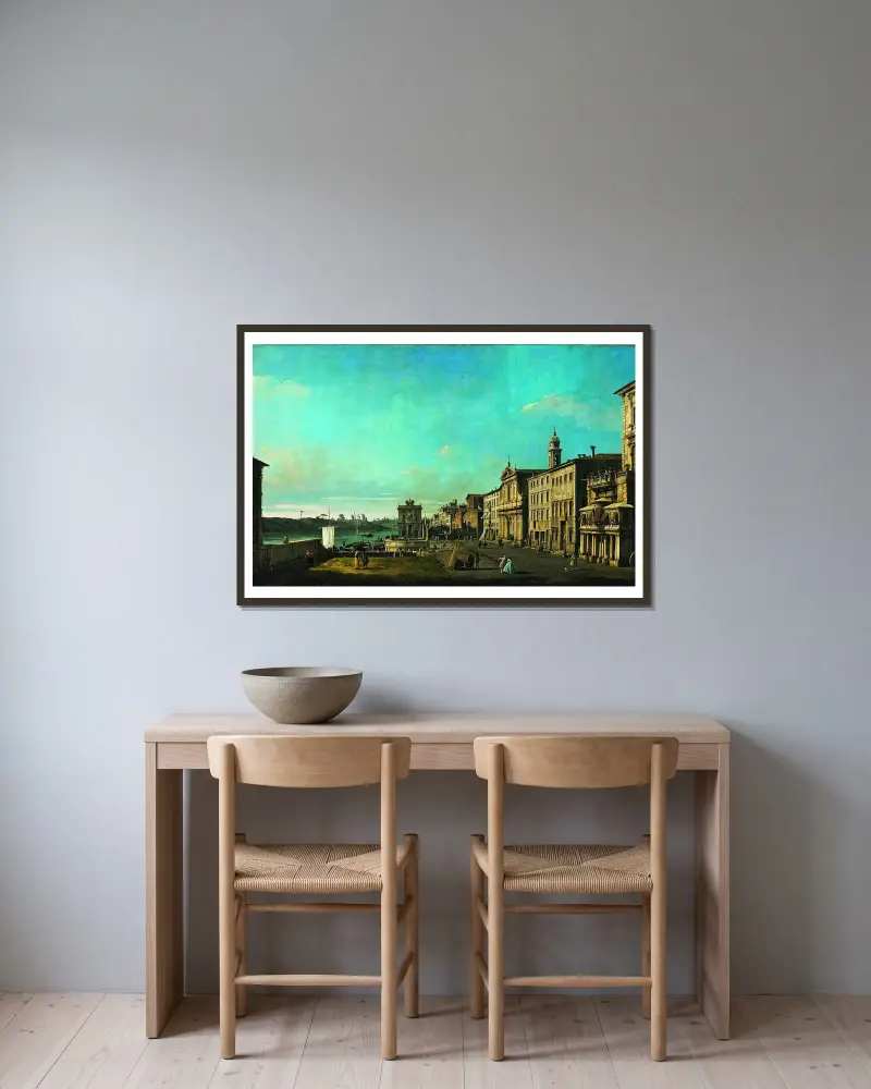 Vy över Via di Ripetta i Rom av Bernardo Bellotto inramad på en vägg
