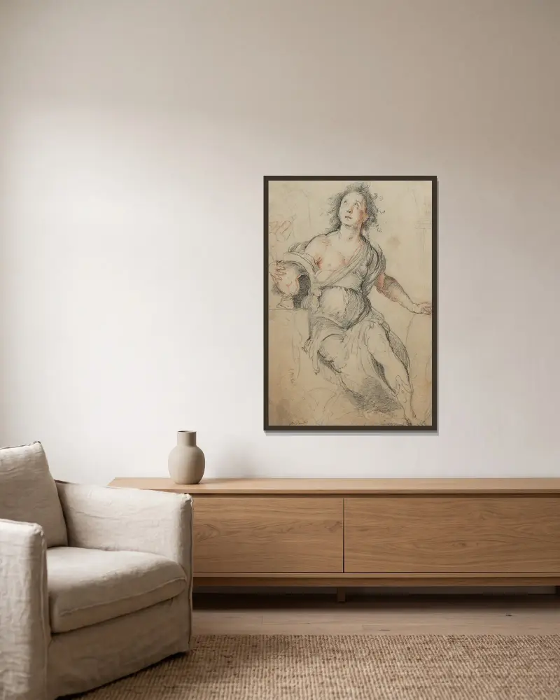 Allegorical Figure, 1635 av Bernardo Strozzi inramad på en vägg