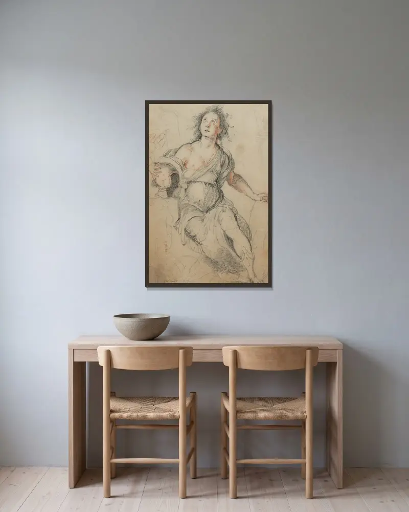 Allegorical Figure, 1635 av Bernardo Strozzi inramad på en vägg