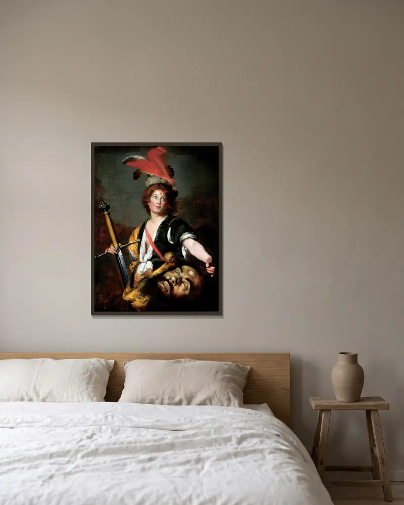 David with the Head of Goliath av Bernardo Strozzi inramad på en vägg