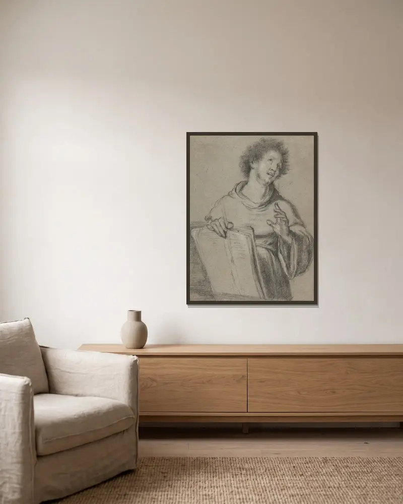 Halvlängdsstudie av en munk med bok och ett långt redskap av Bernardo Strozzi inramad på en vägg