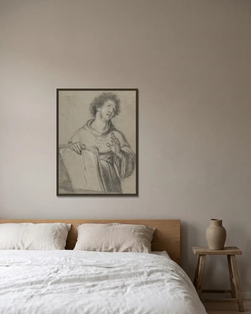 Halvlängdsstudie av en munk med bok och ett långt redskap av Bernardo Strozzi inramad på en vägg