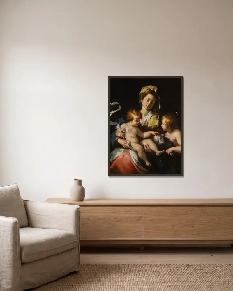 Madonna And Child With The Infant Saint John The Baptist av Bernardo Strozzi inramad på en vägg
