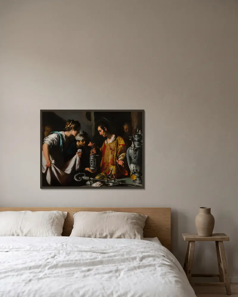 S:t Lars utdelar kyrkans rikedomar av Bernardo Strozzi inramad på en vägg