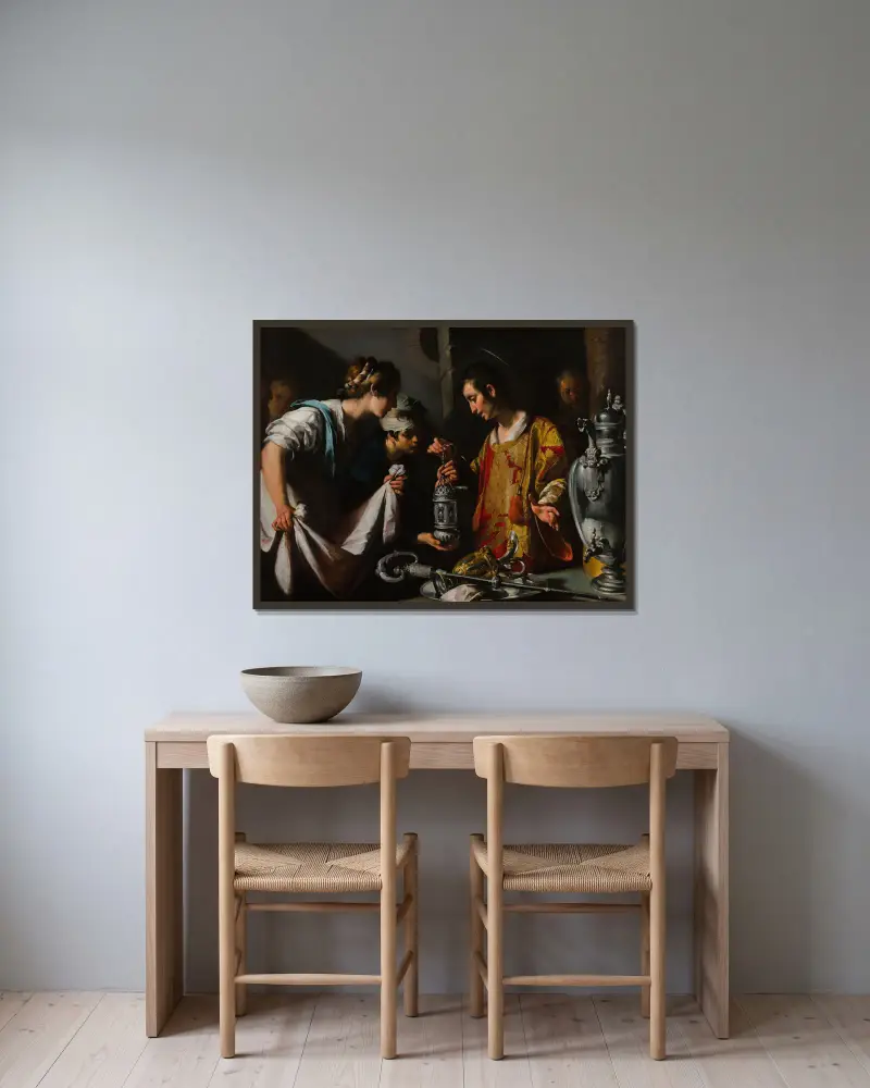 S:t Lars utdelar kyrkans rikedomar av Bernardo Strozzi inramad på en vägg