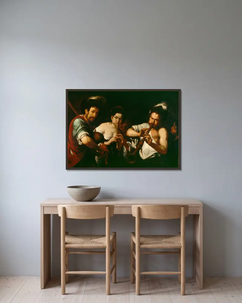 Street Musicians av Bernardo Strozzi inramad på en vägg