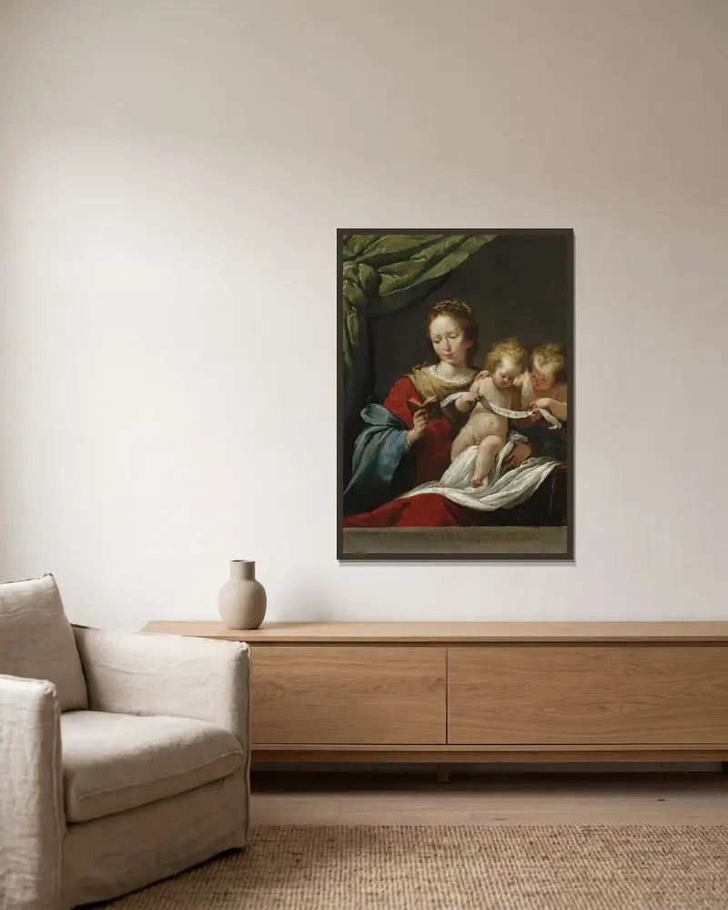Madonnan läsande med Kristusbarnet och den unge Johannes Döparen av Bernardo Strozzi inramad på en vägg