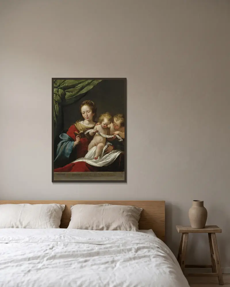Madonnan läsande med Kristusbarnet och den unge Johannes Döparen av Bernardo Strozzi inramad på en vägg