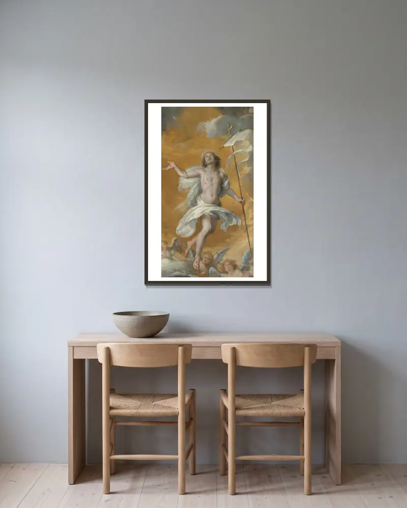 The Risen Christ av Bernardo Strozzi inramad på en vägg