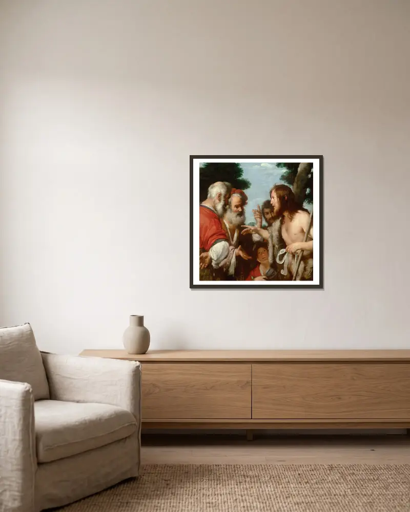 Johannes Döparens predikan av Bernardo Strozzi inramad på en vägg