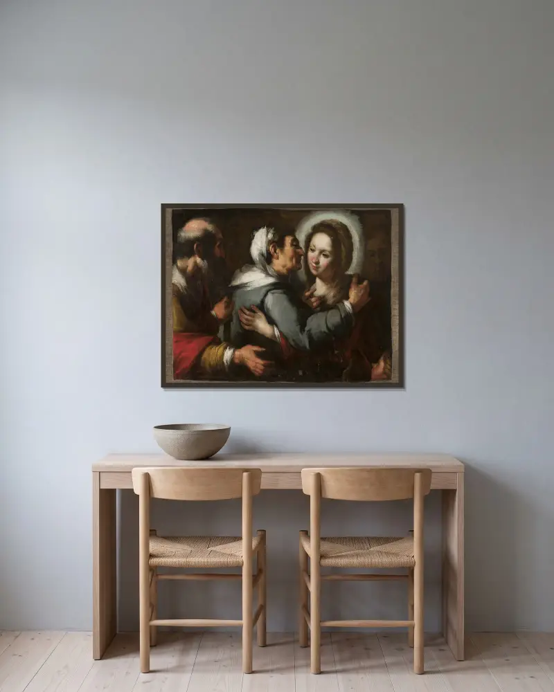 Visitation av Bernardo Strozzi inramad på en vägg