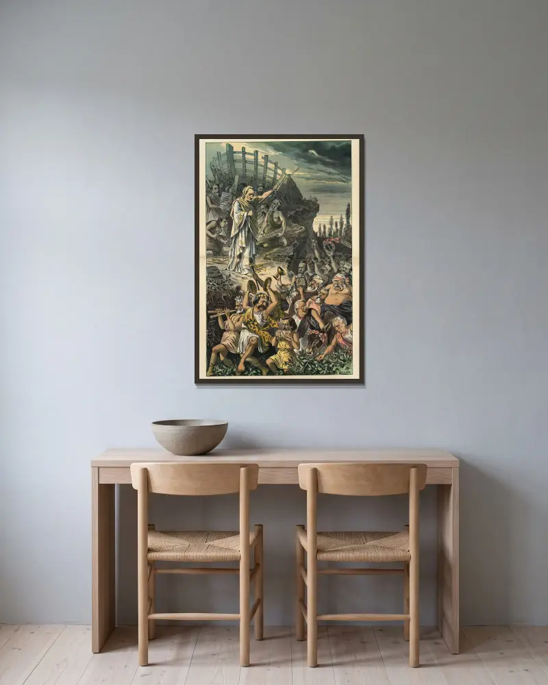 Der Bau der Arche von Bernhard Gillam gerahmt an einer Wand