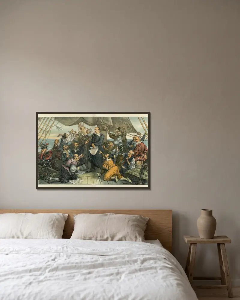 Columbus Cleveland och hans myteristiska besättning – 'Detta skepp ska inte vända om!' av Bernhard Gillam inramad på en vägg