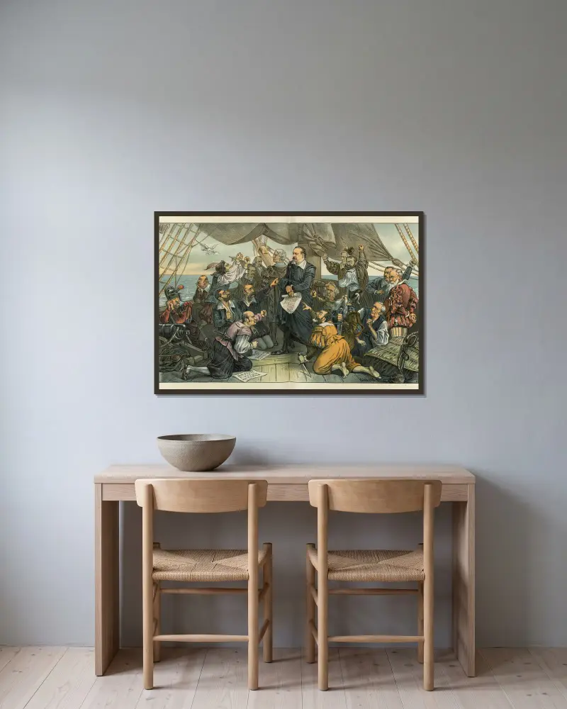 Columbus Cleveland och hans myteristiska besättning – 'Detta skepp ska inte vända om!' av Bernhard Gillam inramad på en vägg