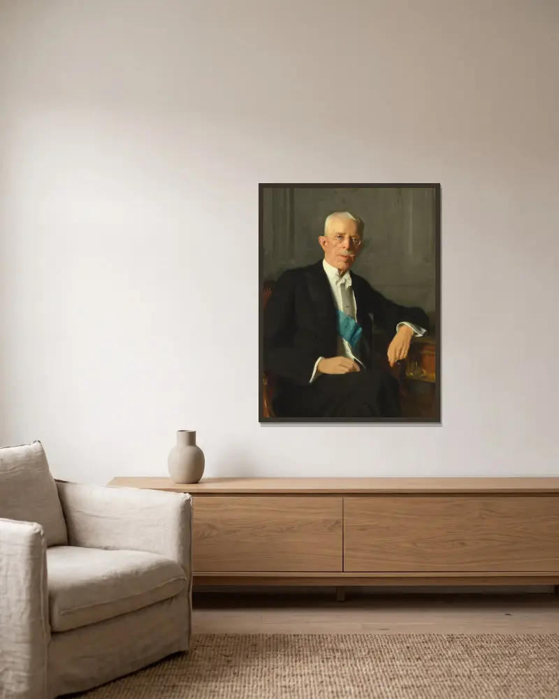 King Gustaf V, 1938 av Bernhard Österman inramad på en vägg