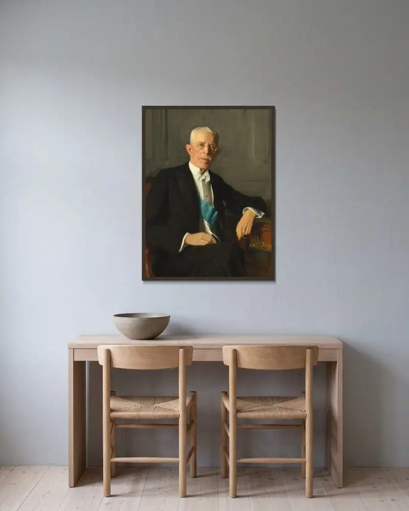 King Gustaf V, 1938 av Bernhard Österman inramad på en vägg