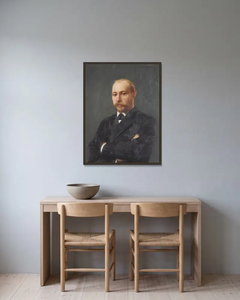 Porträt von John Jäderström (1861–1918) von Bernhard Österman gerahmt an einer Wand