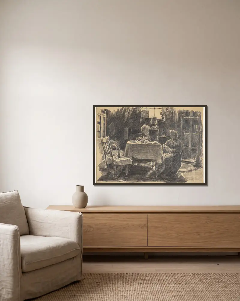 Eftermiddagste i kunstnerens atelier av Bertha Wegmann inramad på en vägg