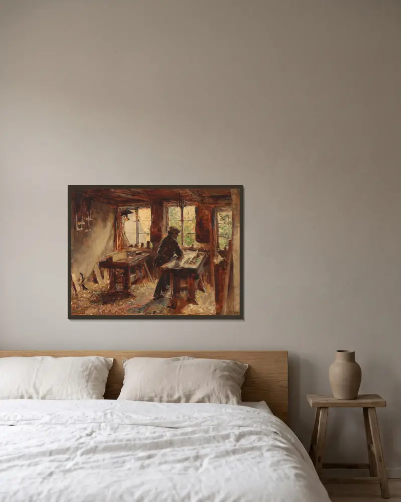 Från snickarens verkstad av Bertha Wegmann inramad på en vägg