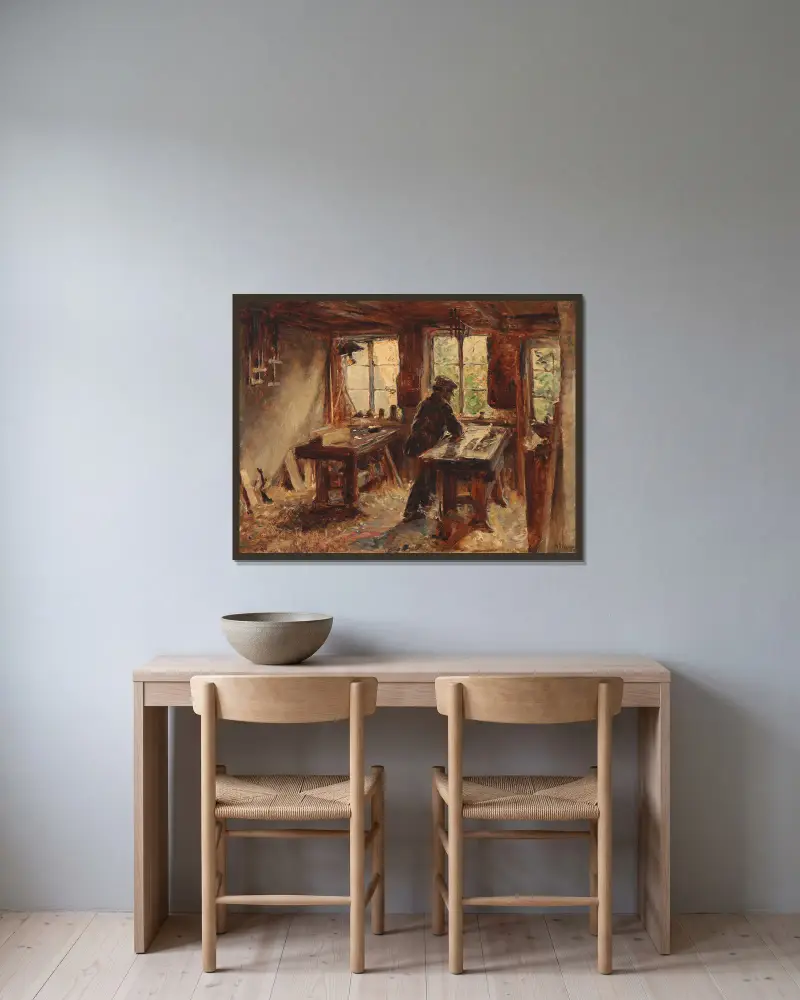 Från snickarens verkstad av Bertha Wegmann inramad på en vägg