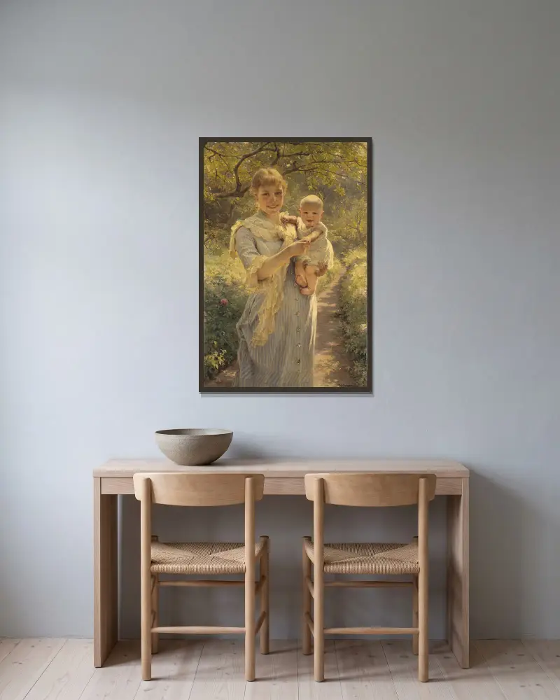 Ung mor med barn i trädgård av Bertha Wegmann inramad på en vägg