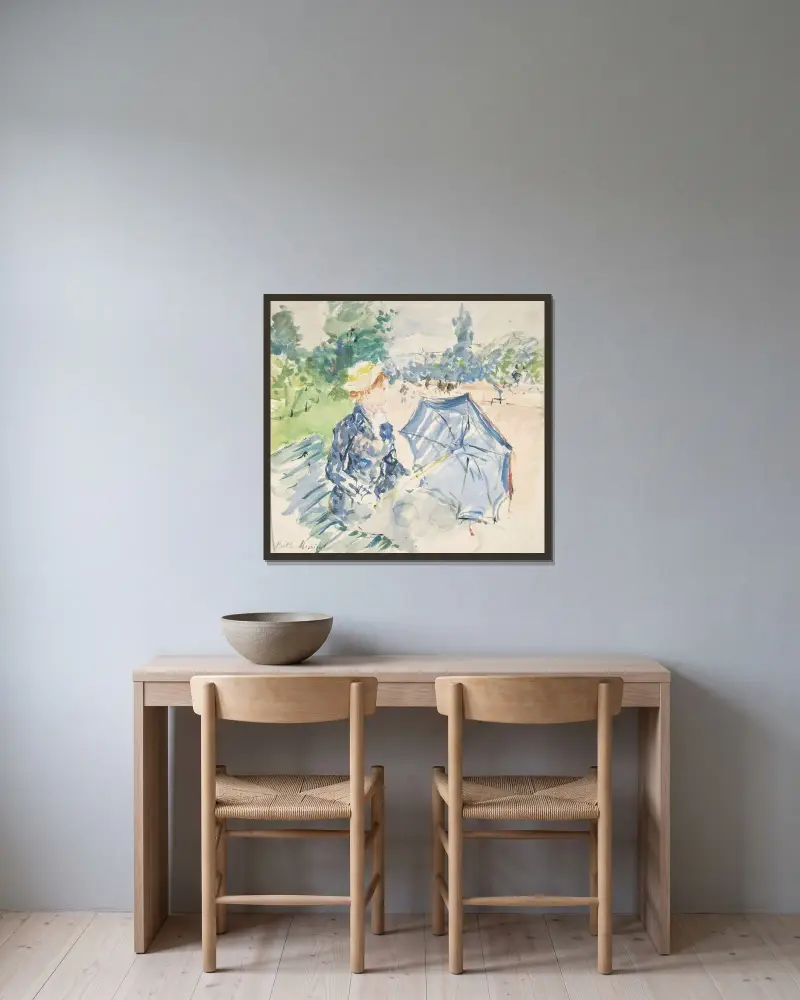 Kvinna sittande på en bänk på Avenue du Bois av Berthe Morisot inramad på en vägg