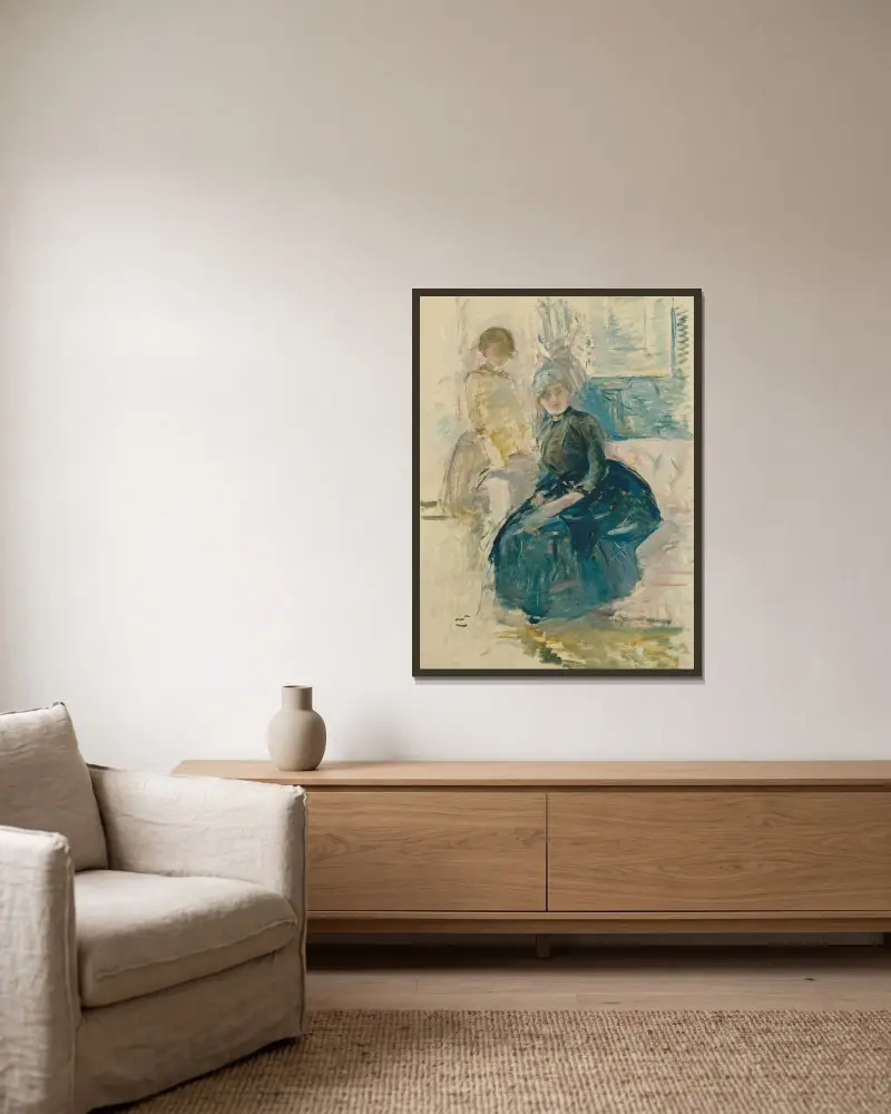Berthe Morisot und ihre Tochter vor einem Fenster von Berthe Morisot gerahmt an einer Wand