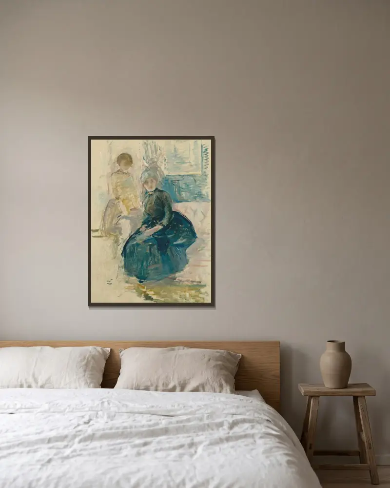 Berthe Morisot und ihre Tochter vor einem Fenster von Berthe Morisot gerahmt an einer Wand