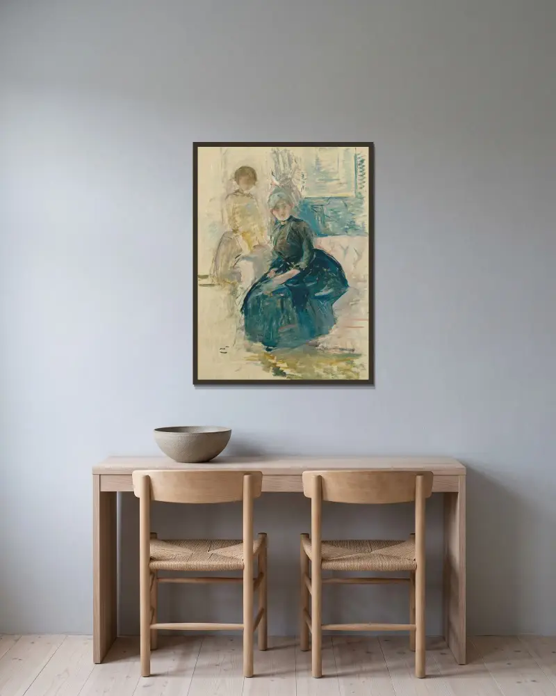 Berthe Morisot und ihre Tochter vor einem Fenster von Berthe Morisot gerahmt an einer Wand