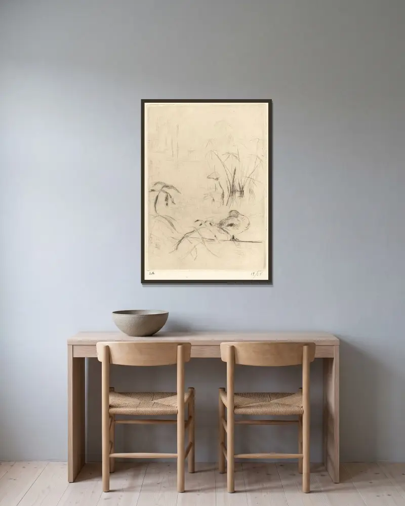 Vilande ankor på stranden av Berthe Morisot inramad på en vägg