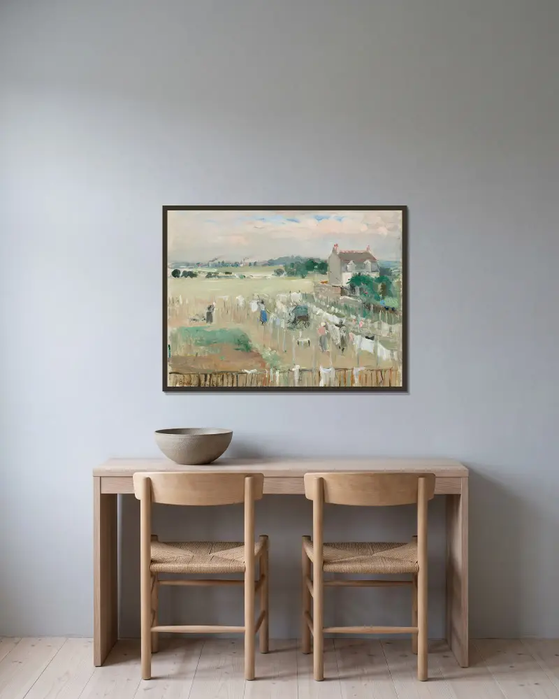 Hängande tvätt på tork av Berthe Morisot inramad på en vägg