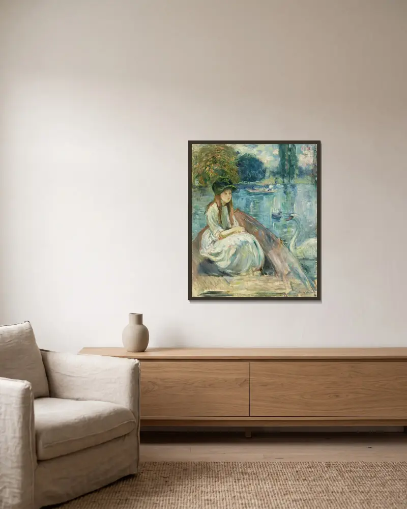 Jeanne Fourmanoir på sjön av Berthe Morisot inramad på en vägg