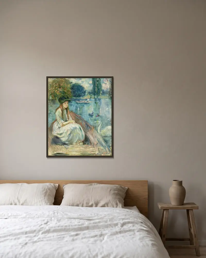Jeanne Fourmanoir på sjön av Berthe Morisot inramad på en vägg