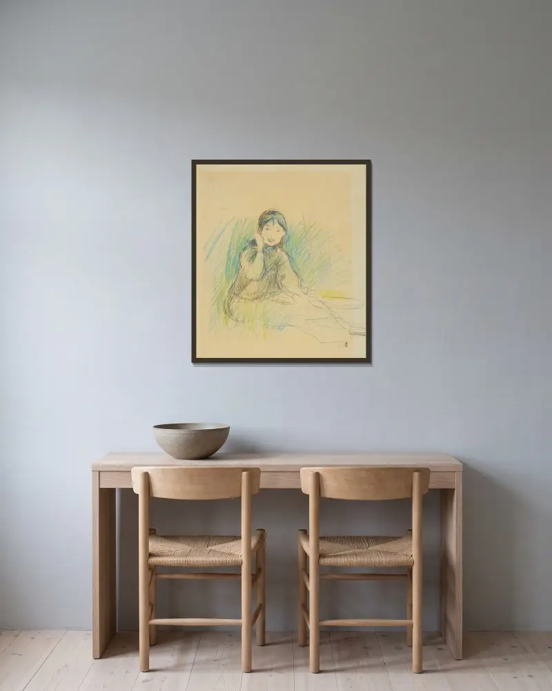 Porträtt av Mademoiselle Dufour av Berthe Morisot inramad på en vägg