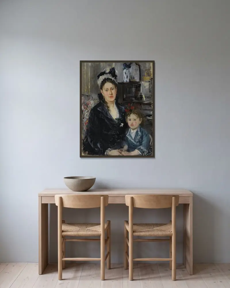 Porträtt av fru Boursier och hennes dotter av Berthe Morisot inramad på en vägg