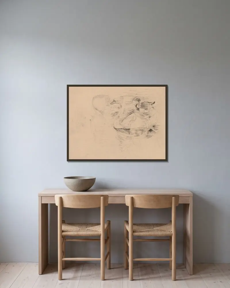 Svan och anka, med porträtt av Julie av Berthe Morisot inramad på en vägg