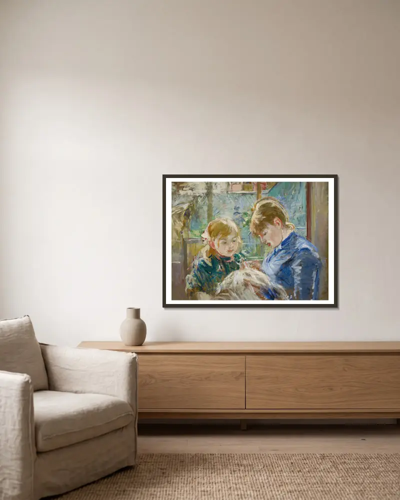 Konstnärens dotter Julie med sin barnflicka av Berthe Morisot inramad på en vägg