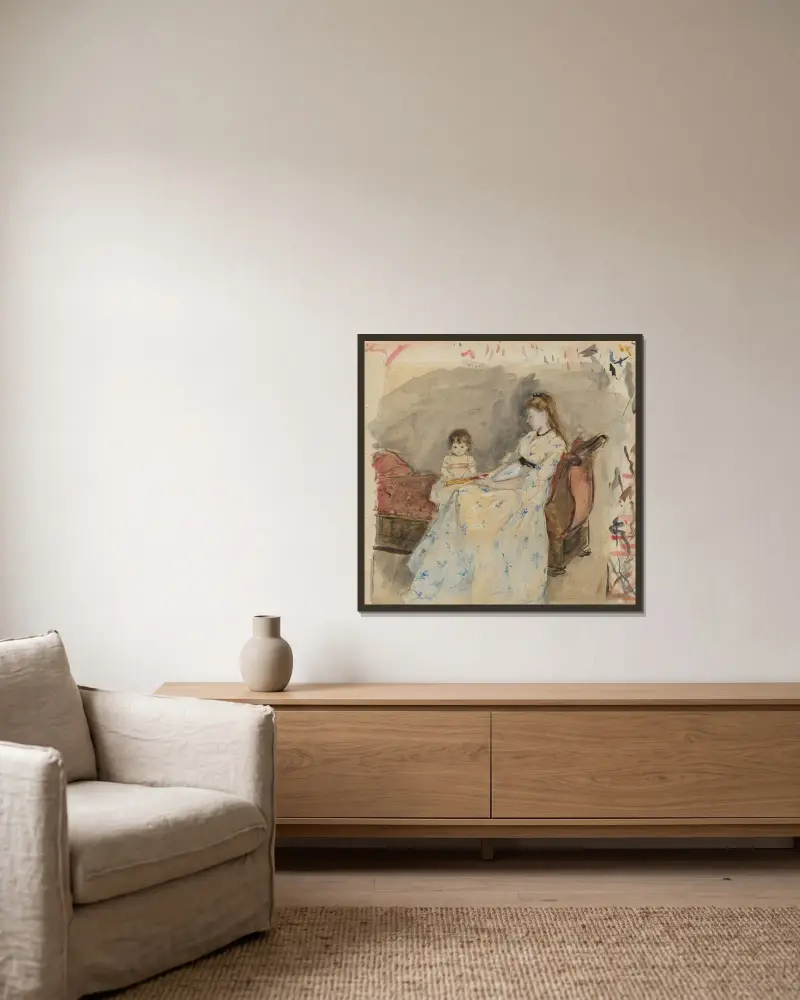 Konstnärens syster Edma med sin dotter Jeanne av Berthe Morisot inramad på en vägg
