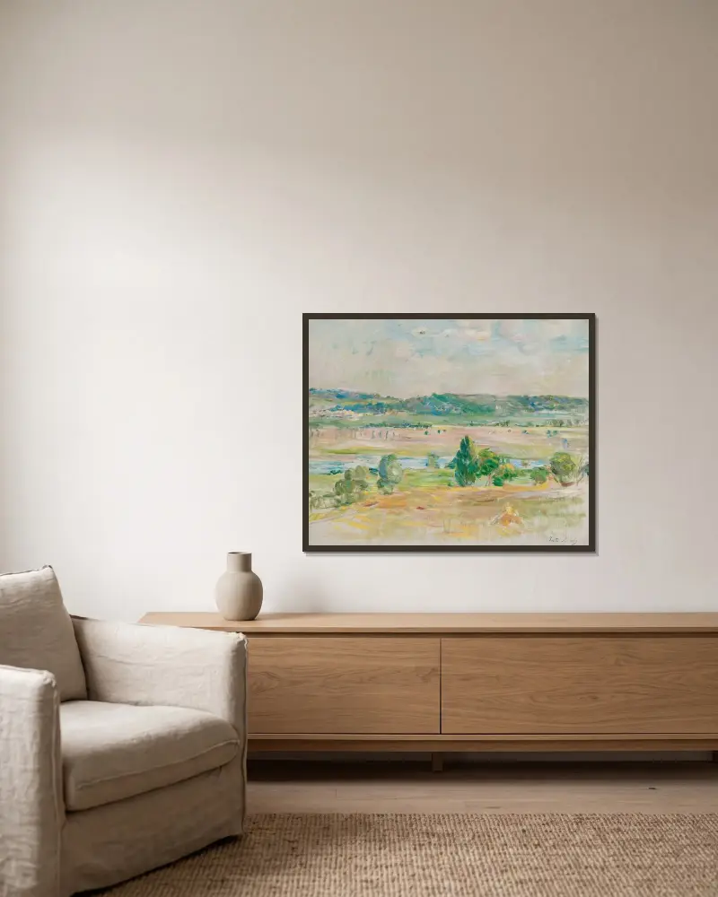 Blick auf die Seine bei Mézy von Berthe Morisot gerahmt an einer Wand