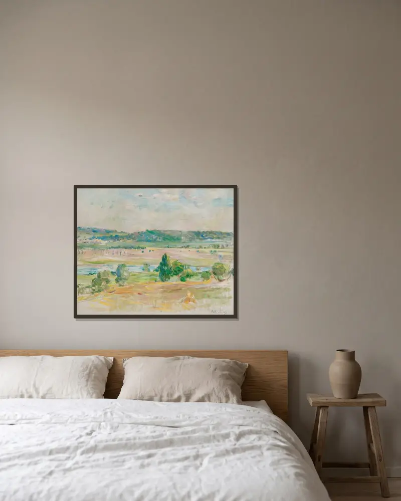 Blick auf die Seine bei Mézy von Berthe Morisot gerahmt an einer Wand