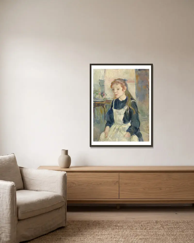 Ung flicka med förkläde av Berthe Morisot inramad på en vägg
