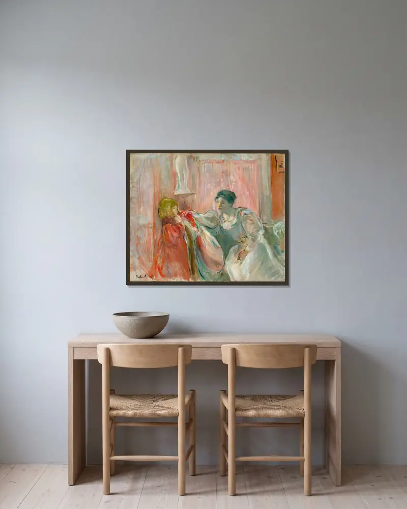 Ung kvinna och barn av Berthe Morisot inramad på en vägg