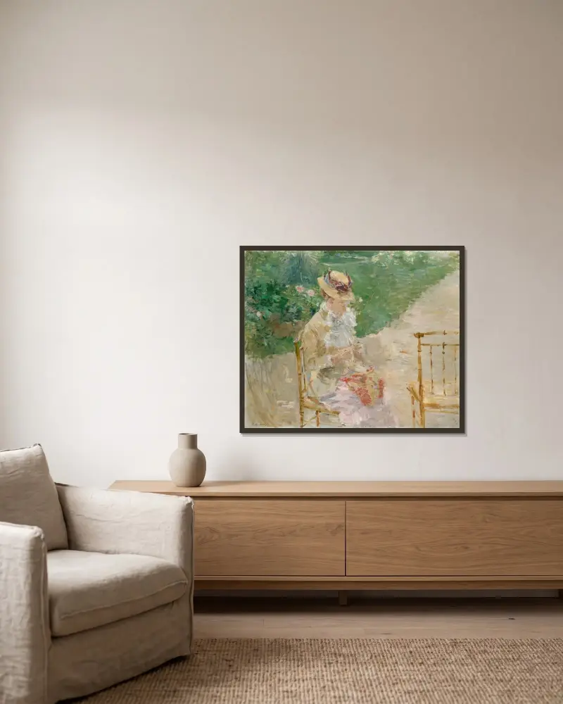 Young Woman Knitting av Berthe Morisot inramad på en vägg