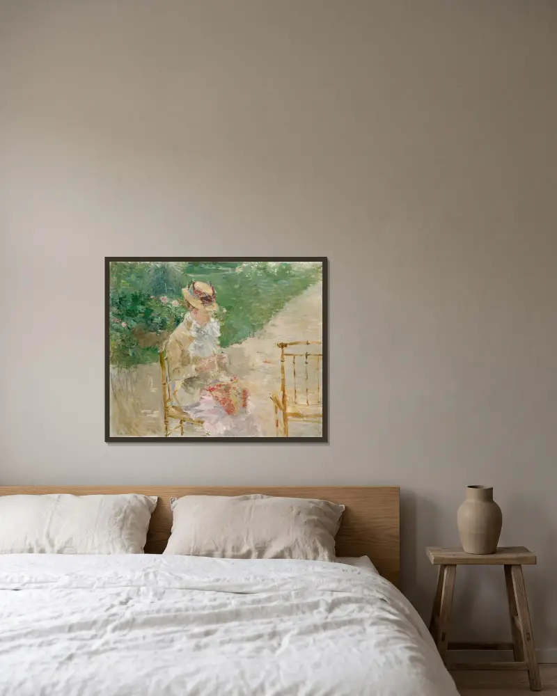 Young Woman Knitting av Berthe Morisot inramad på en vägg