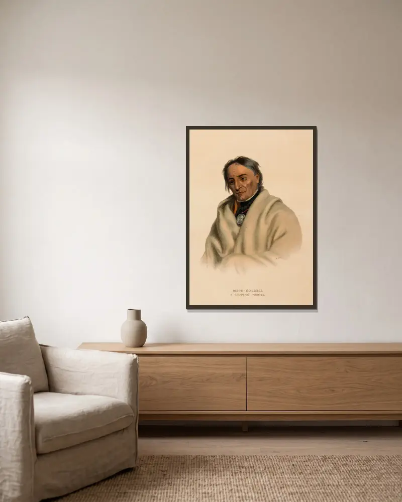 Meta-Koosega. Ein Chippewa-Krieger von Charles Bird King gerahmt an einer Wand