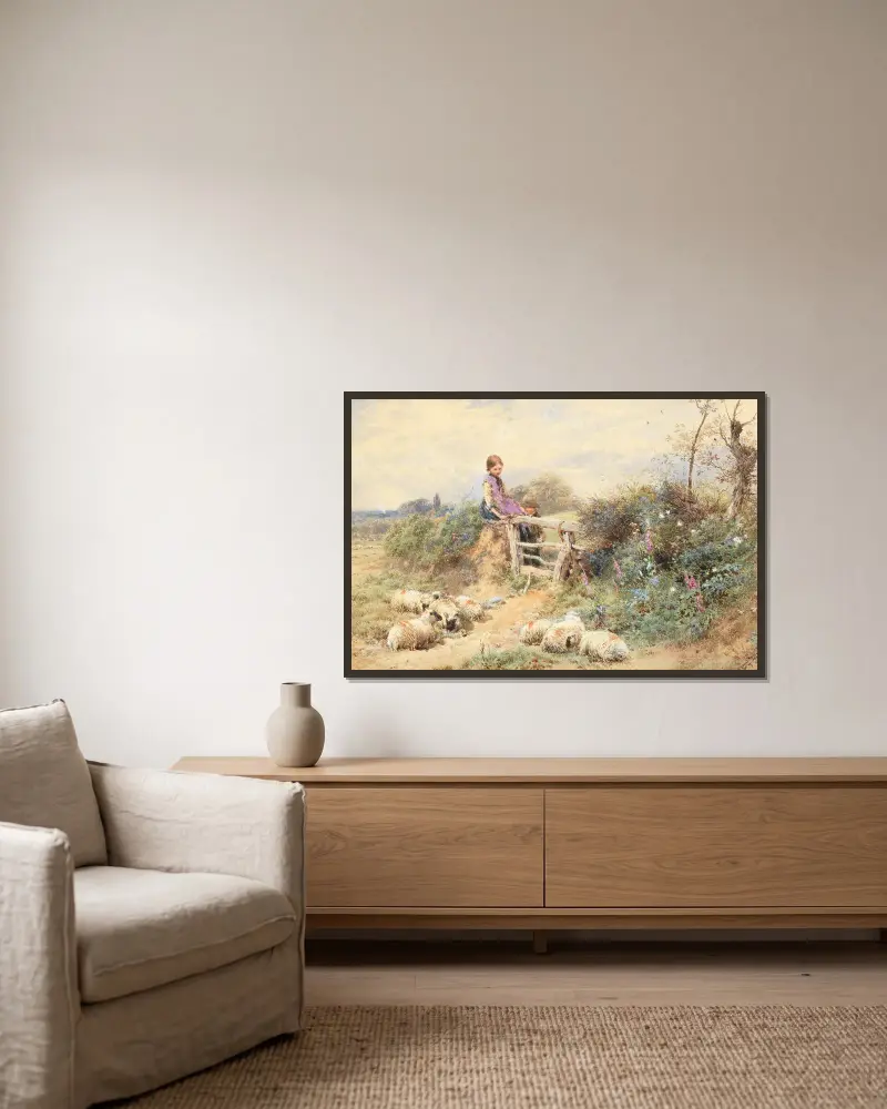 Minding sheep av Myles Birket Foster inramad på en vägg